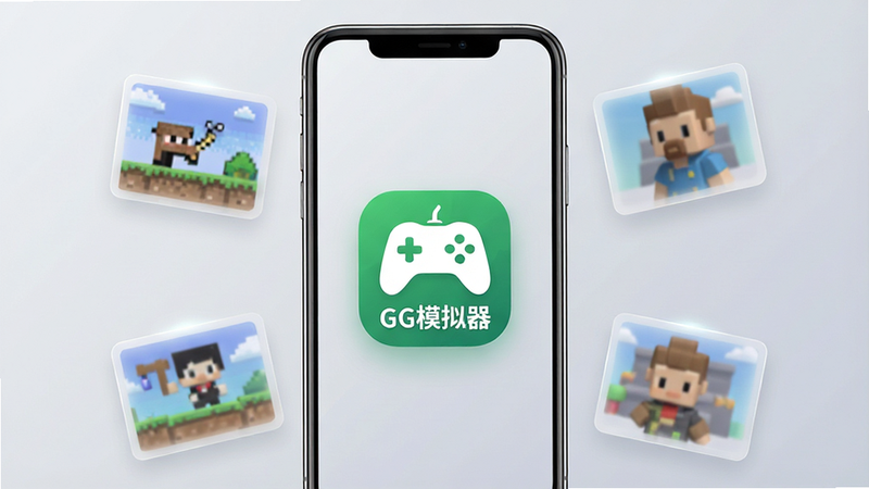 一张现代简约风格的手机界面预览图,主体为一部竖屏智能手机,屏幕中央显示“GG模拟器”应用图标,图标设计为绿色六边形包裹白色游戏手柄剪影,背景为柔和的浅灰色渐变,周围悬浮着几个半透明的游戏卡片元素,包括像素风和3D渲染风格,布局中心对称,排版清晰,风格扁平化,细节处有微光效果,画质4k,干净,无多余元素
