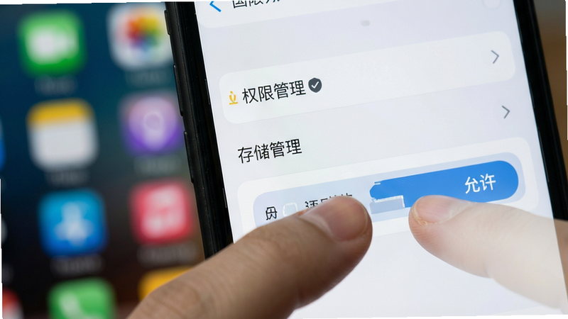 手机设置界面,高亮显示“权限管理”和“存储管理”选项,手指正在点击“允许”按钮,背景为模糊的桌面,主体清晰,布局聚焦,风格实用主义,细节真实,画质清晰,干净,无多余元素