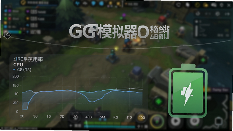手机性能监控界面,显示CPU和内存使用率曲线平稳且处于低位,旁边有一个绿色的电池图标显示电量充足,背景是模糊的游戏画面,突出“GG模拟器”运行稳定,布局左右分布,风格数据可视化,细节精致,画质清晰,干净,无多余元素