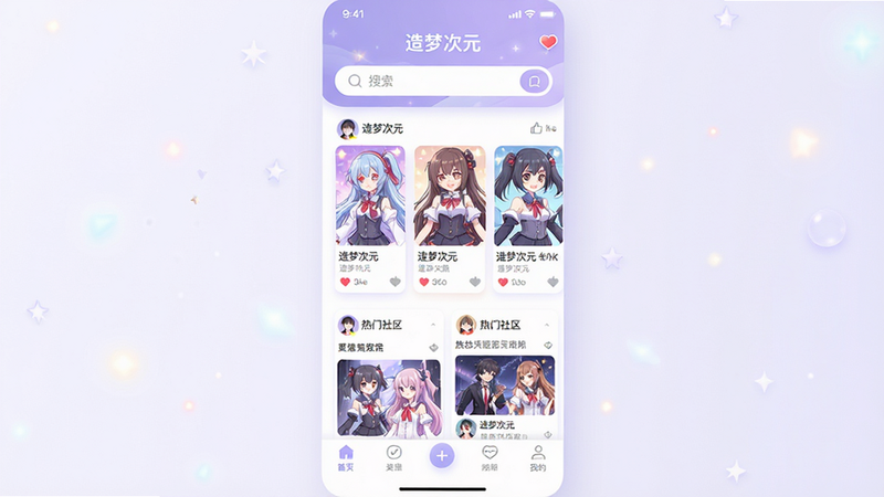 生成一张高清的移动端APP界面概念图,主体是“造梦次元”应用的首页,界面采用清新梦幻的二次元风格,主色调为淡紫色和白色。布局上方是醒目的搜索栏,中间区域展示着精美的动漫角色卡片和热门社区帖子预览,底部是清晰的导航栏。排版整齐,细节丰富,包含头像、点赞图标等UI元素。风格现代、扁平化且带有柔和的光影效果,画质8k,干净无多余元素,文字清晰显示“造梦次元”