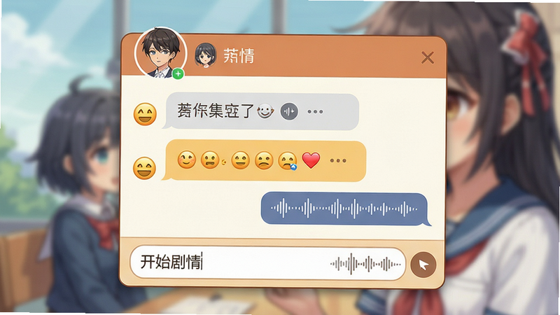 生成一张聊天界面与剧情演绎结合的概念图,主体是一个对话框界面,背景是模糊的动漫场景。布局上方显示角色头像和名字,中间是气泡对话框,下方是输入框。排版紧凑有序,风格温馨互动感强。细节处可见表情符号和语音波形图。画质清晰,干净,无多余元素,文字显示“开始剧情”