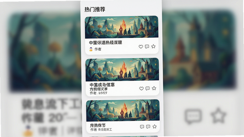 生成一张信息流内容展示的界面图,主体是垂直滚动的卡片式布局,每张卡片包含封面图、标题和作者信息。布局流畅,视觉焦点集中在精美的插画封面上。排版模块化,风格简洁现代。细节处可见点赞、评论、收藏图标。画质高清,干净,无多余元素,文字显示“热门推荐”