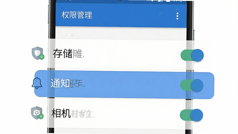 生成一张手机设置权限界面的示意图,主体是安卓系统的权限管理页面,高亮显示“存储”、“通知”、“相机”等权限开关。布局清晰,列表式排列。风格简洁官方,带有盾牌图标表示安全。细节处可见开关按钮状态。画质清晰,干净,无多余元素,文字显示“权限管理”