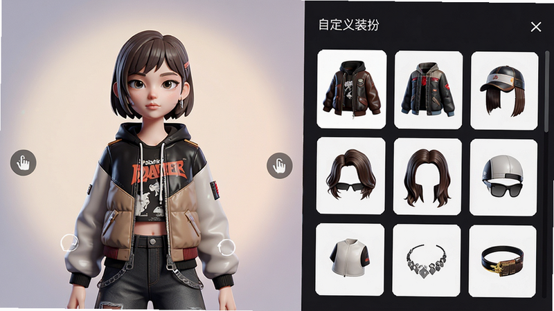 生成一张展示虚拟角色装扮系统的UI界面图,主体是左侧的角色模型展示区,右侧是服饰、发型、配饰的选择列表。布局清晰,角色模型精致,服装细节丰富。排版左右分栏,风格时尚潮流,带有柔和的背景光效。细节处可见拖拽交互的视觉提示。画质高清,干净,无多余杂乱元素,文字标注“自定义装扮”