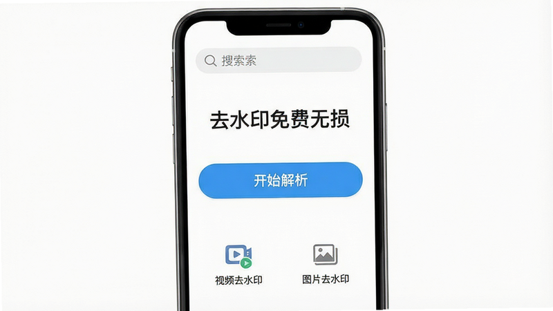 ����Ϊ�ֻ�����չʾ�������Ǹɾ��İ�ɫ���ֻ���Ļ������ʾ�š�ȥˮӡ�������APP�������棬������Ƽ���ִ����������������м��ǡ���ʼ�������Ĵ�ť���ײ��С���Ƶȥˮӡ������ͼƬȥˮӡ������������ڣ����Ϊ��ƽ��UI��ƣ����壬�޶���Ԫ�أ��ɾ������ʼ���