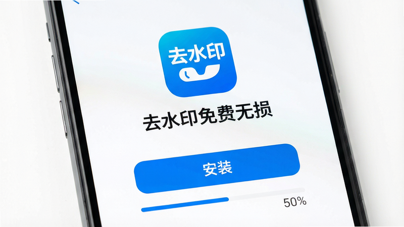 ����Ϊ�ֻ���װ���棬��Ļ������ʾ��ȥˮӡ������𡱵�Logo�����ƣ��·���һ����ɫ�ġ���װ����ť����������ʾ50%������Ϊ��ɫ��������ִ���ϸ�����������壬�ɾ����޶���Ԫ�أ���������