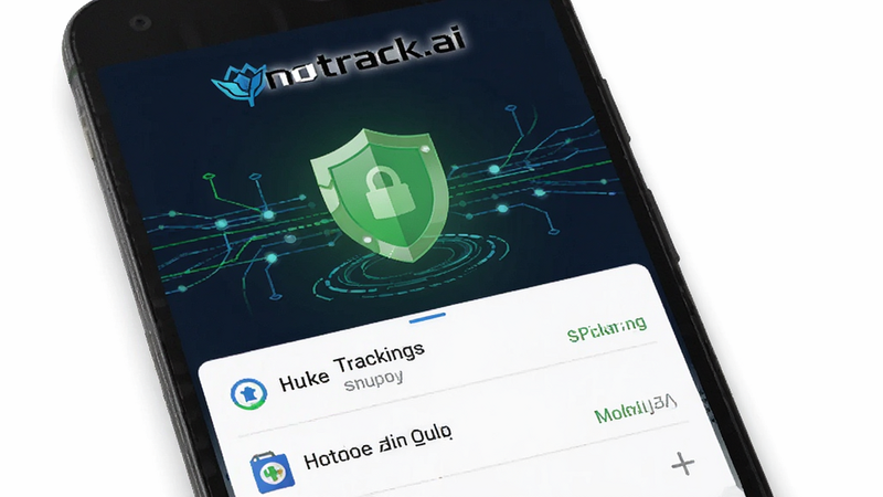 主体为notrack.ai安卓APP界面截图,布局简洁现代,顶部显示应用名称notrack.ai,中间为绿色盾牌图标象征安全防护,下方列出已拦截的追踪器列表,排版清晰,风格科技感强,细节显示数据流动线条,画质高清,干净无多余元素