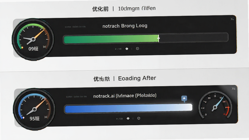 主体为notrack.ai性能优化对比图,布局上下分屏,上方显示优化前缓慢的加载条,下方显示优化后快速的加载条,排版对比强烈,风格商务科技风,细节包含速度仪表盘,画质锐利,无多余文字