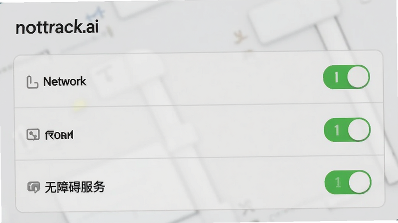 主体为notrack.ai权限设置界面,布局为列表形式,展示网络、存储、无障碍服务开关,排版清晰,风格系统原生UI,细节显示权限已开启状态,画质清晰,无多余图标