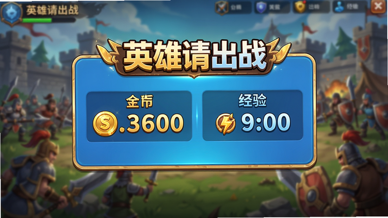 主体为《英雄请出战》挂机收益结算界面,布局为中央弹窗显示金币与经验数字,背景为模糊的战场场景,排版突出收益数据,风格为明亮活泼的游戏UI,细节清晰,画质高清,干净无多余元素