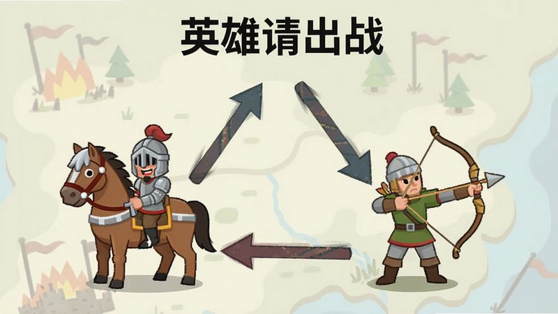 主体为《英雄请出战》兵种克制示意图,布局为三角形循环结构,三个顶点分别绘制骑兵、步兵、弓兵卡通形象,箭头连接表示克制关系,背景为淡色战场地图,排版对称平衡,风格为扁平化插画,细节清晰,画质高清,干净无多余元素