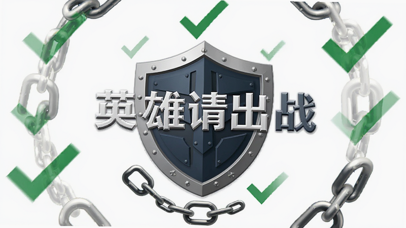 主体为《英雄请出战》安全认证标识,布局为中心盾牌图标,周围环绕绿色对勾与锁链符号,背景为白色,排版庄重严谨,风格为极简主义图标设计,细节精致,画质高清,干净无多余元素