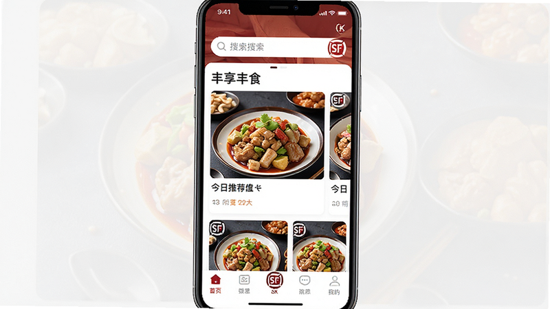 һ�Ÿ����ֻ�Ӧ�ý���չʾͼ������Ϊ������ʳAPP��ҳ������������������ʾ���������в�չʾ�����Ƽ���Ʒ��Ƭ���ײ�Ϊ�����˵�������Լ�ִ���ɫ����˳���Ͱ�ɫΪ����ϸ�ڷḻ������4k���ɾ��޶���Ԫ�أ����֡�������ʳ�������ɼ�