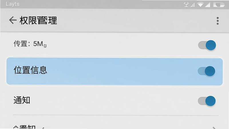 生成一张手机设置界面的示意图,主体是安卓系统的“应用权限”设置页面,高亮显示“位置信息”和“通知”权限选项,背景为浅灰色,布局清晰,排版标准安卓风格,细节包含开关按钮,画质清晰,干净,文字显示“权限管理”