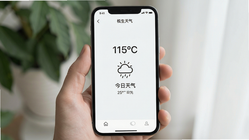 生成一张手机UI界面截图,主体是“枳生天气”的极简主页,背景为纯白或极浅灰,中央仅有温度、天气图标和极简的文字说明,无广告横幅,无推荐卡片,布局留白丰富,排版呼吸感强,风格清新自然,细节精致,画质超清,干净,文字显示“今日天气”