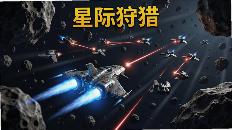 主体为一艘小型飞船在充满陨石的小行星带中穿梭,船尾喷射出蓝色火焰,前方有多个敌对飞船发射激光,布局为纵深透视,排版层次分明,风格为科幻游戏概念图,细节展示岩石纹理与激光轨迹,画质4k,干净,无多余元素,文字“星际狩猎”位于顶部中央,黄色警示字体
