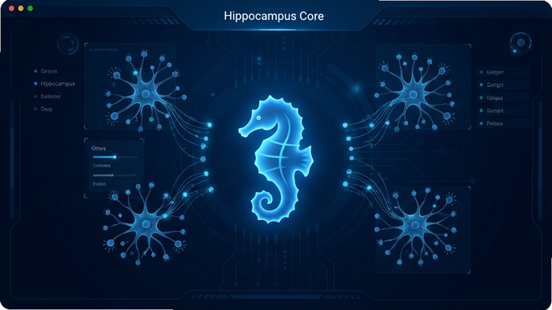 һ��չʾHippocampus CoreӦ�ý���ĸ���ͼ��������һ���������ɫ������״ͼ�꣬��Χ�����������߹��ɵ�������ͼ�ף�����Ϊ����ɫ�Ƽ��н��棬���ֶԳƣ��Ű����࣬����ִ���Լ��ϸ�����������ʸ��壬�ɾ����޶���Ԫ��