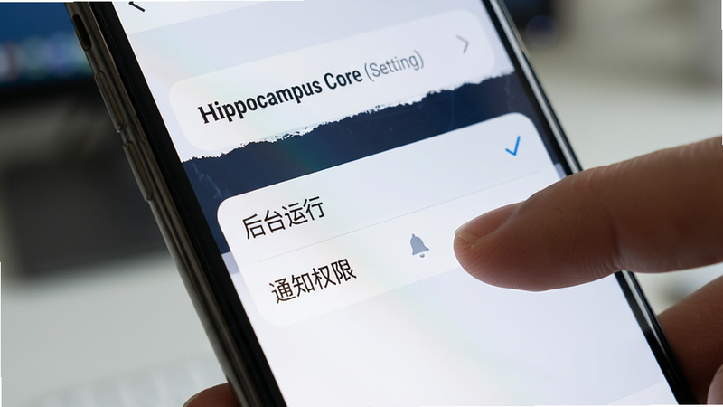 һ���ֻ���Ļ��д����ʾHippocampus Core�����ý��棬�����ˡ���̨���С��͡�֪ͨȨ�ޡ�����ѡ���ָ���ڵ��ȷ�ϣ������黯�����־۽����Ű����������дʵ��ϸ����ʵ�����ʸ��壬�ɾ����޶���Ԫ��