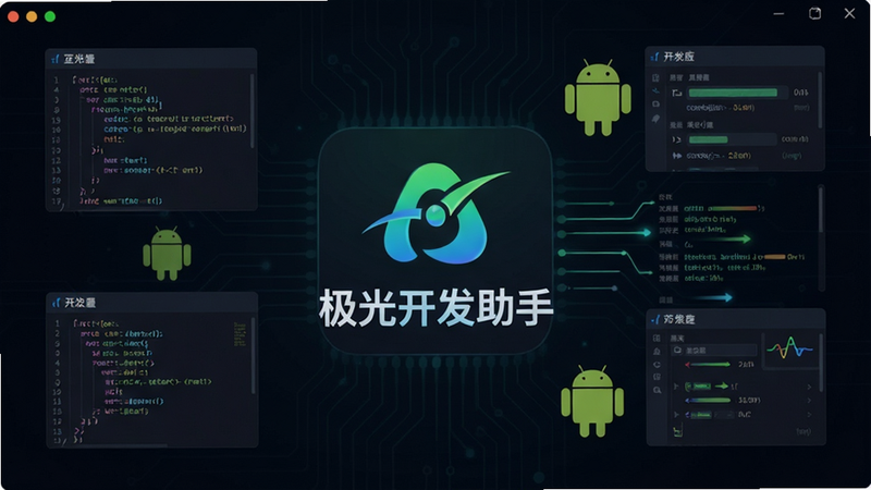 极光开发助手应用主界面,深色科技风格背景,中央显示“极光开发助手”Logo,周围环绕着代码片段、安卓机器人图标和调试数据流,布局整洁,高清渲染,无多余元素