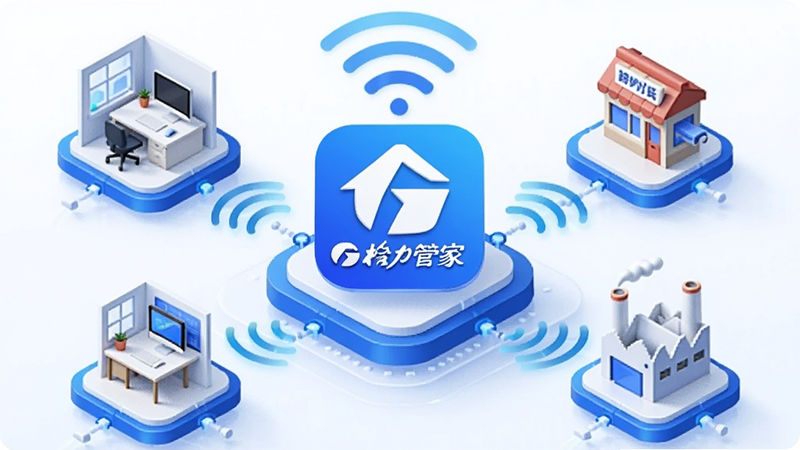 一张概念示意图,中心是‘格力管家’App图标,周围环绕着办公室、商铺、工厂等场景图标,通过无线信号线连接,布局呈放射状,风格科技感强,蓝色与白色搭配,细节精致,画质清晰,无杂乱背景