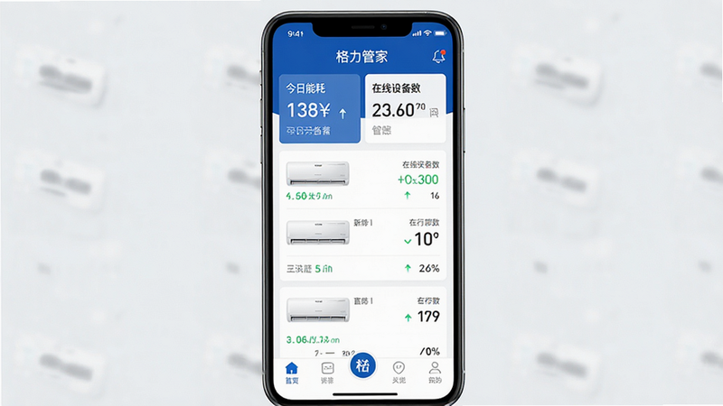一张高清手机界面展示图,主体为‘格力管家’App首页,布局清晰,顶部显示‘今日能耗’与‘在线设备数’,中间列表展示多台空调运行状态,底部导航栏清晰,风格简洁商务,蓝色主色调,细节丰富,画质高清,无多余元素