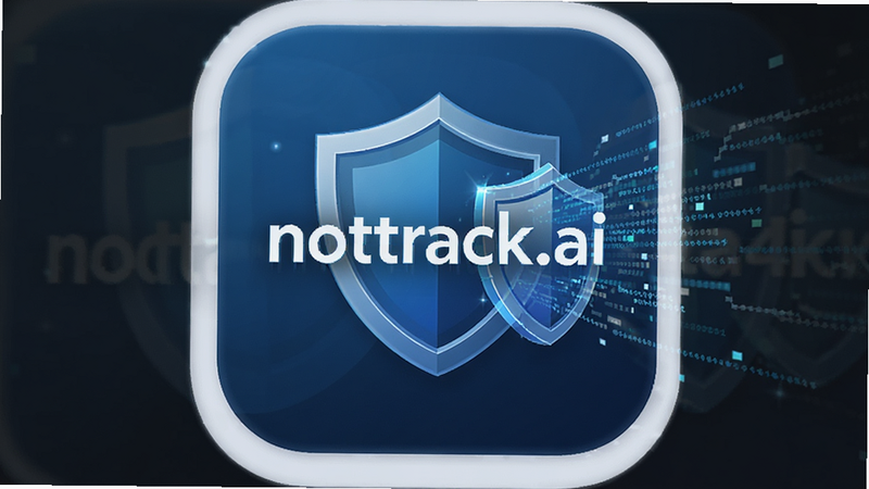一张高清数码风格图片,主体为notrack.ai应用图标,布局中心对称,排版简洁现代,风格科技感强,细节处有数据流被盾牌阻挡的视觉效果,画质4k,干净,无多余元素