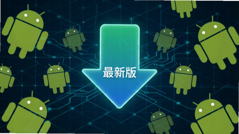 概念图,展示一个向下箭头图标,中间写着“最新版”,背景为科技感网格,周围环绕着安卓机器人图标,色彩以绿色和蓝色为主,简洁大方,4k分辨率,无其他杂乱元素
