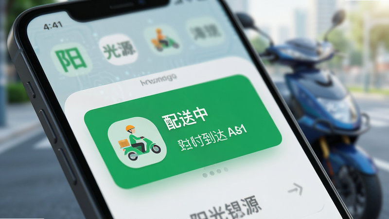 特写镜头,手机屏幕上显示一个绿色的“配送中”状态卡片,卡片上有骑手图标和预计到达时间,背景虚化处理,突出屏幕内容的清晰度,光线柔和,科技感强,文字“阳光锶源”清晰可见,高分辨率