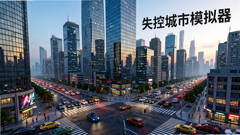 一张高清晰度、广角镜头的城市全景图,主体是一座现代大都市,画面中包含“失控城市模拟器”字样。布局上,前景是繁忙的十字路口,中景是密集的高楼大厦,背景是朦胧的天际线。排版简洁,文字位于右上角悬浮。风格为写实3D渲染,细节丰富,可见车辆灯光和玻璃幕墙反光。画质极高,8k分辨率,干净无多余元素,色彩饱和度高,呈现一种既繁荣又略带混乱的视觉张力。