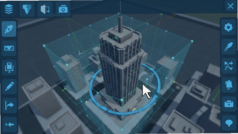 游戏界面截图风格,展示一个3D城市编辑器界面。主体是一个正在被拖拽旋转的高楼模型,周围有半透明的网格线。布局中心突出编辑操作,四周环绕着工具栏图标。排版清晰,图标扁平化设计。风格为科技感UI,蓝色调为主。细节显示鼠标指针正在操作物体。画质清晰,无模糊,界面元素整齐有序,突出交互性。
