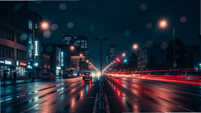 夜景城市全景,主体是灯火通明的街道与建筑。布局上,前景是湿润的柏油路反射着霓虹灯光,中景是车流尾灯组成的红色光带,背景是深邃的夜空。排版平衡,色彩对比强烈。风格为赛博朋克与现实主义结合,冷色调背景衬托暖色灯光。细节可见雨滴在镜头上的痕迹。画质高清,无过曝,光影过渡自然,营造出静谧而繁华的氛围。