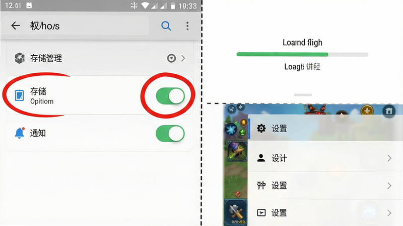 手机设置界面与游戏主界面的拼接图。左侧是安卓系统权限管理界面,高亮显示“存储”和“通知”权限开关;右侧是游戏内的加载进度条和设置菜单。布局左右分明,中间用虚线分割。排版整洁,重点权限项用红色圆圈标注。风格为扁平化UI设计,白色背景。细节清晰,文字可读性强。画质高清,无模糊,界面元素标准规范,直观展示操作要点。