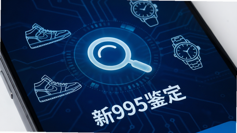 高清智能手机屏幕特写,显示“新995鉴定”APP启动界面,背景为深蓝色科技风,中心有发光的放大镜图标,周围环绕着球鞋和手表的线条轮廓,文字“新995鉴定”清晰可见,4k分辨率,极简主义风格,无多余元素,干净