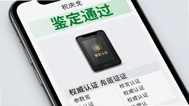 手机屏幕显示一份精美的鉴定报告,顶部是“鉴定通过”的绿色大字,中间是商品高清大图,底部是详细的参数列表,背景为柔和的浅灰色,文字“权威认证”,排版整齐,商务风格,高分辨率,无水印