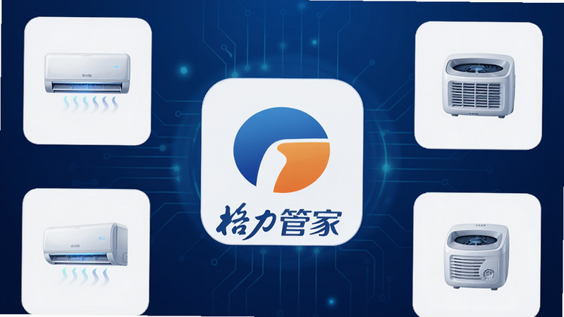 主体为“格力管家”APP的高清界面展示图,布局采用现代极简主义风格,背景为深蓝色科技渐变,中央突出显示APP图标及“格力管家”文字,周围环绕空调、新风机等设备图标,排版整齐,细节清晰,画质8k,干净,无多余元素