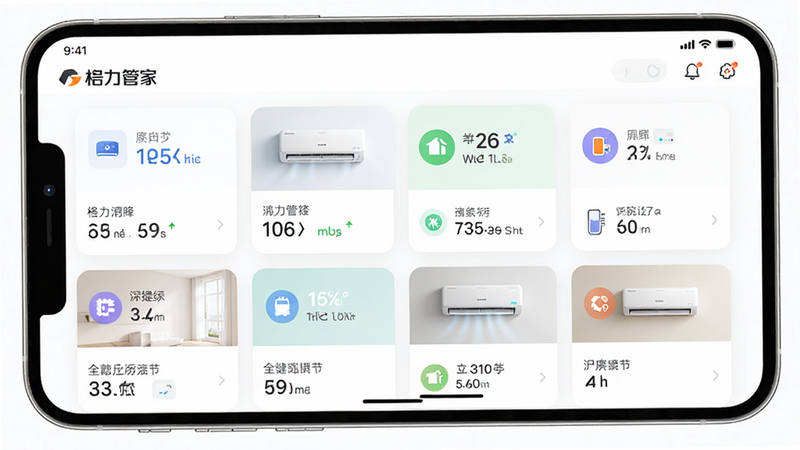 主体为“格力管家”APP的设备列表页面,布局为卡片式设计,显示多个不同房间的空调状态,图标清晰,风格现代,细节完整,画质高,干净,无多余元素