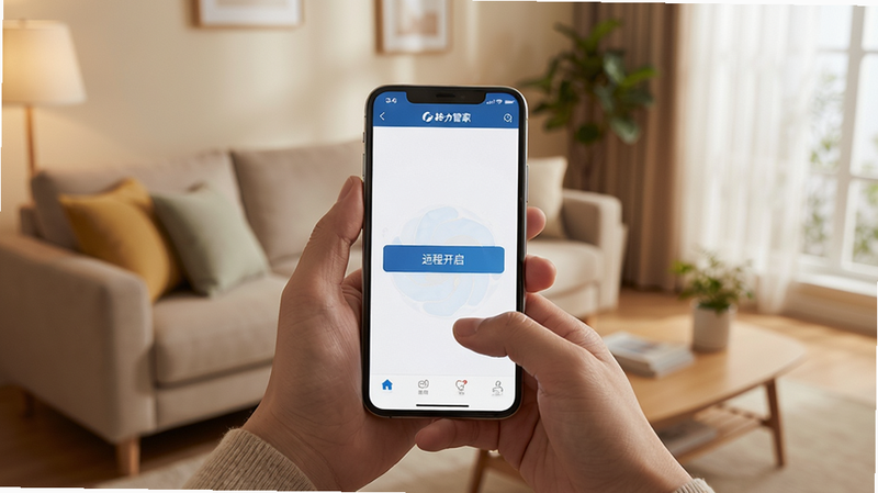 主体为手持智能手机操作“格力管家”APP的场景,布局为第一人称视角,屏幕显示“远程开启”按钮,背景为温馨的客厅环境,光线柔和,风格写实,细节丰富,画质高清,干净,无多余元素