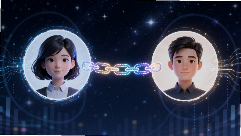 心链智能匹配界面,主体为两个虚拟人物头像通过发光链条相连,背景为抽象的数字星空,布局对称,排版简约,风格科技感与温馨感并存,细节展示数据流动线条,画质清晰,干净,无多余元素