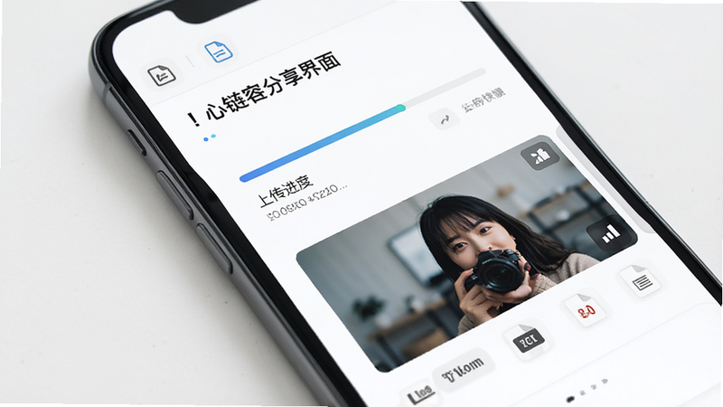 心链内容分享界面,主体为手机屏幕显示上传进度条与多媒体预览,背景为白色极简风格,布局流畅,排版清晰,风格高效快捷,细节展示文件类型图标,画质高清,干净,无多余元素