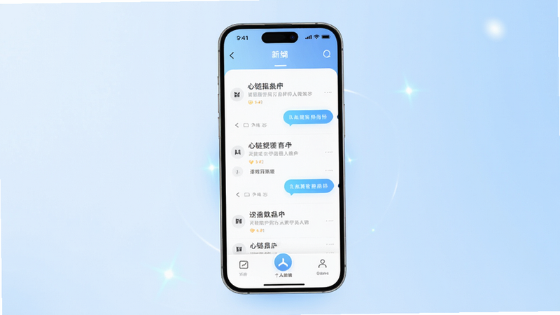 心链APP主界面展示,主体为手机屏幕居中,背景为柔和的浅蓝色渐变,屏幕内显示简洁的聊天列表与个人主页入口,布局清晰,排版舒适,风格清新现代,细节处有微光特效,画质高清,干净,无多余元素