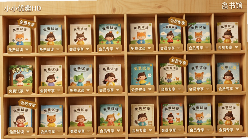 主体为小小优趣HD的绘本图书馆界面,布局为网格状书架展示,每个格子展示不同封面的绘本缩略图,排版密集有序,风格温暖木质色调,细节显示“免费试读”和“会员专享”标签,画质逼真,干净,无多余元素