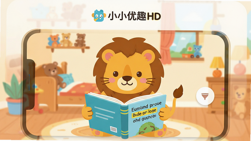 主体为小小优趣HD的手机应用界面截图,布局采用居中卡片式设计,顶部显示软件名称Logo,中间展示一个可爱的卡通狮子角色正在朗读绘本,背景是温馨的儿童房场景,排版清晰,风格为扁平化矢量插画,细节包括书本上的英文单词高亮显示,画质高清,干净,无多余元素