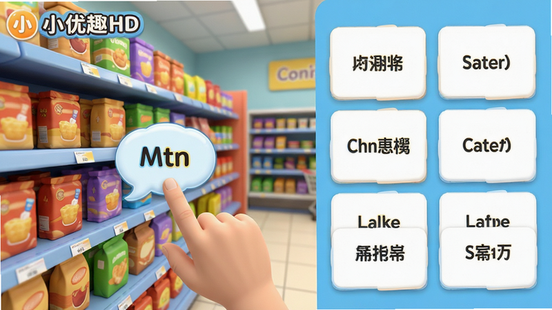 主体为小小优趣HD的情境教学界面,布局分为左右两部分,左侧是3D渲染的超市货架场景,右侧是商品名称的英文卡片,排版整齐,风格为写实与卡通结合,细节展示手指点击商品时弹出的发音气泡,画质清晰,干净,无多余元素