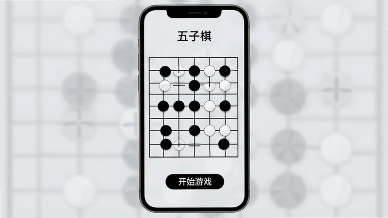 手机屏幕中央显示着黑白分明的五子棋棋盘,棋盘上摆放着几颗黑白棋子,背景为柔和的浅灰色,界面简洁现代,顶部有