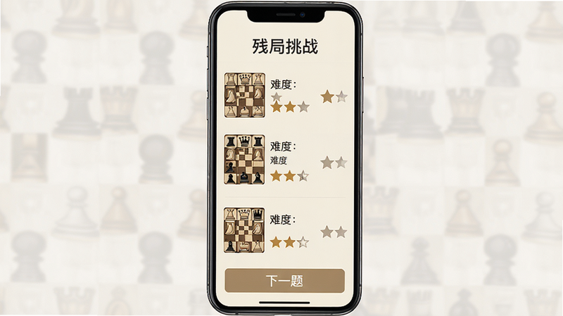 手机界面展示残局挑战列表,每个条目显示残局缩略图和难度星级,背景为浅米色,顶部有