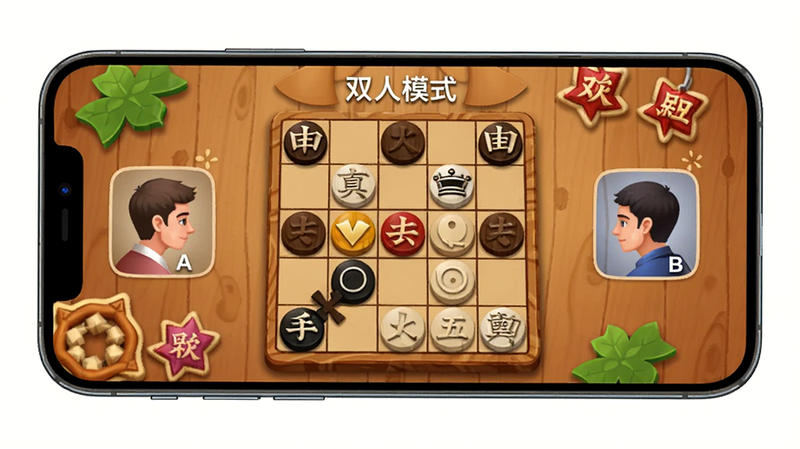 手机横屏界面,显示双人五子棋对战场景,左侧显示玩家A,右侧显示玩家B,棋盘位于中央,周围有简单的装饰元素,背景为温馨的木纹纹理,文字提示