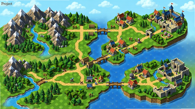 ProjectCreationRPG地图全景图,展示多个连接的区域,包括山脉、河流和城镇,色彩鲜艳,布局开阔,体现沙盒探索的广阔性,风格统一,画质细腻