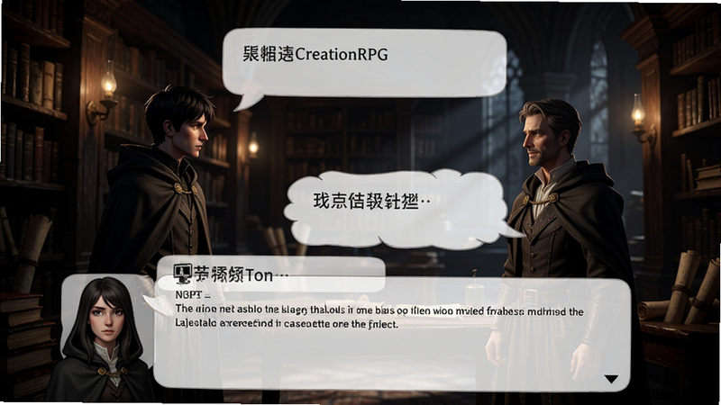ProjectCreationRPG剧情对话场景,角色与NPC面对面对话,背景为昏暗的图书馆,文字气泡清晰显示,氛围神秘,光影效果突出,体现剧情深度