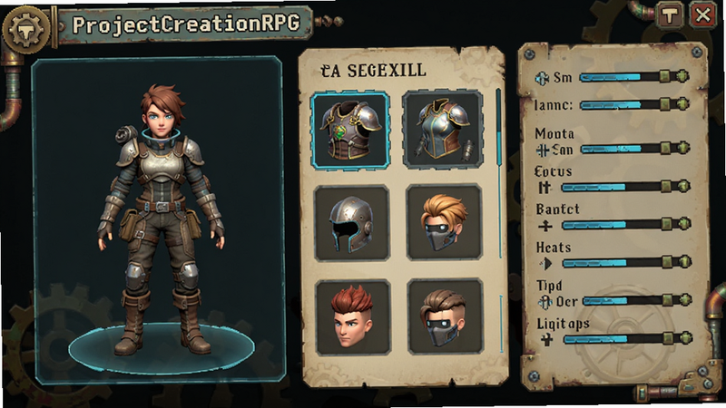ProjectCreationRPG角色自定义界面,展示不同装备和发型选项,界面简洁直观,左侧为角色模型预览,右侧为属性参数调节,科技感与复古风结合,清晰易读