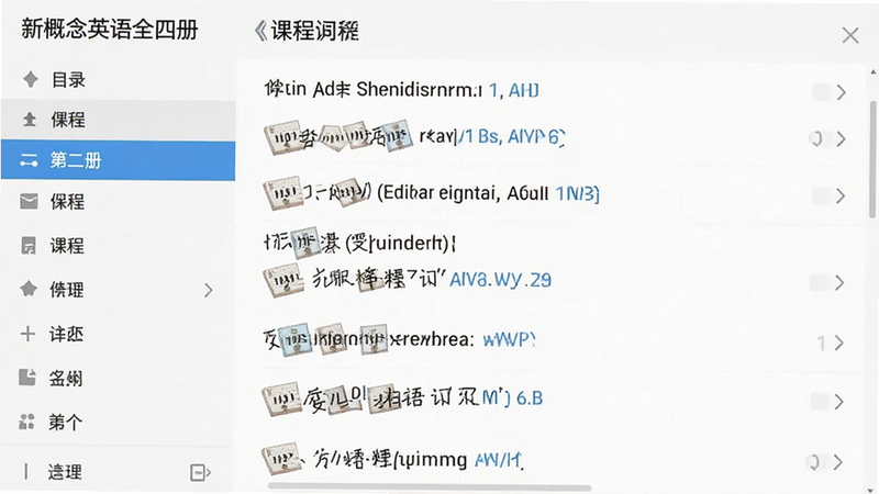 展示“新概念英语全四册”应用内课程列表界面的截图,左侧为目录导航栏,高亮显示“第二册”,右侧显示课文列表,文字清晰可读,背景干净,UI风格扁平化,画质精细